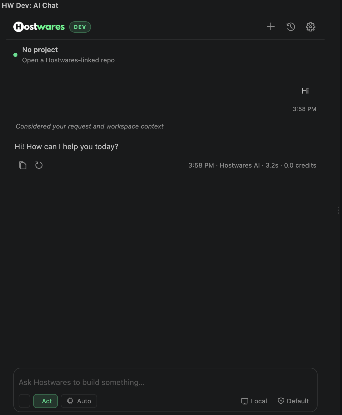 A conversation in the Hostwares panel with the composer and mode controls